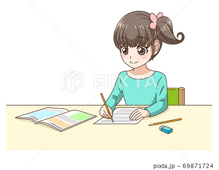 プリントで勉強する女の子のイラスト素材