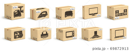 Set of cardboard box with appliances and household kitchen electornics isolated on white background. 69872913