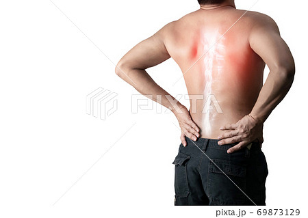 Young man holding back pain bone spine on a white background 69873129