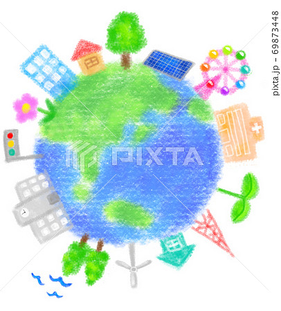 地球と街のクレヨン風イラスト/北半球 地球と街のクレヨン風イラスト/北半球 69873448