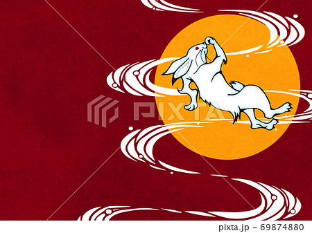 鳥獣戯画のウサギをモチーフにデザインした和風の背景素材 69874880