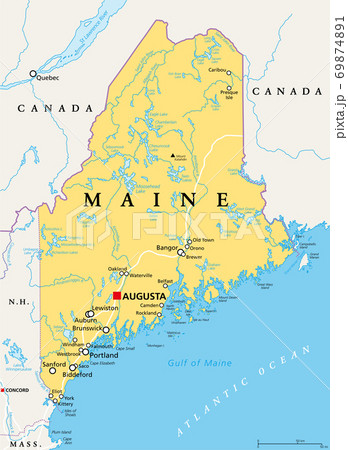 Maine, ME, political map with capital Augusta. Northernmost state in the United States of America, and located in the New England region. The Pine Tree State. Vacationland. Illustration. Vector. Maine, ME, political map with capital Augusta. Northernmost state in the United States of America, and located in the New England region. The Pine Tree State. Vacationland. Illustration. Vector. 69874891