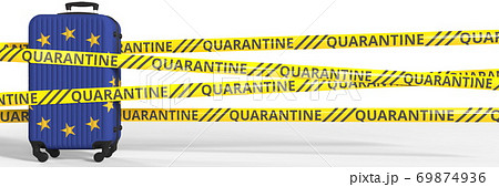 Suitcase with flag of the EU and quarantine stripes, COVID-19 travel restrictions in Europe conceptual 3d rendering Suitcase with flag of the EU and quarantine stripes, COVID-19 travel restrictions in Europe conceptual 3d rendering 69874936