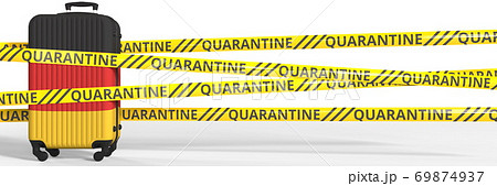 Quarantine warning stripes and a baggage with flag of Germany. Tourism restriction concept, 3d rendering Quarantine warning stripes and a baggage with flag of Germany. Tourism restriction concept, 3d rendering 69874937