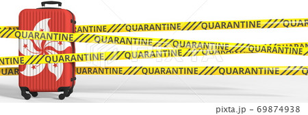 Quarantine warning stripes and a baggage with flag of Hong kong. Tourism restriction concept, 3d rendering 69874938