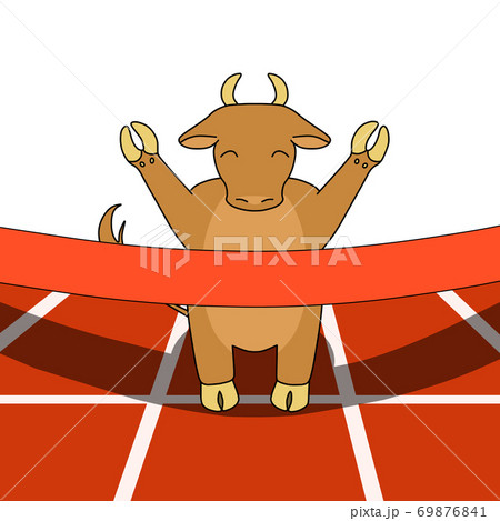 マラソンでゴールする茶色の牛のイラスト素材