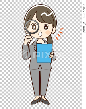 Woman, suit, magnifying glass, check Woman, suit, magnifying glass, check 69877034