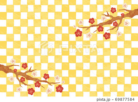 市松模様の壁紙と梅の花のイラストのイラスト素材