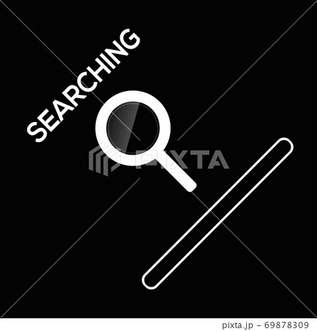 Illustration of white colored magnifying glass on a black background. Search bar and search text.	 69878309