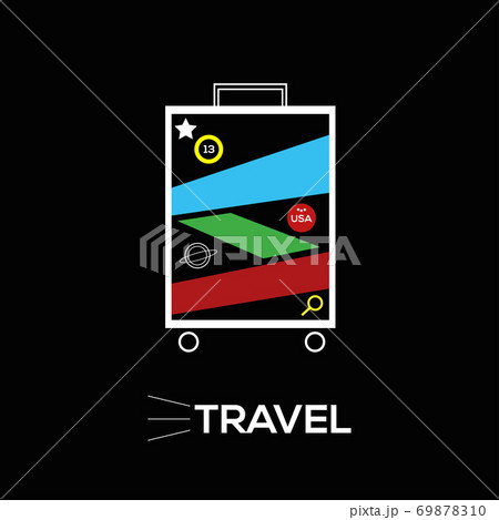 Illustration of a suitcase with white lines on a black background. Vector illustration with many colors and labels on the suitcase.	 69878310