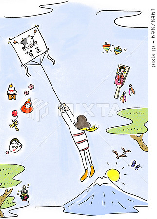 たこ上げで空を飛ぶ初夢のイラスト 一鷹二富士三茄子 年賀状 牛 文字なしのイラスト素材