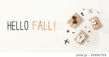 Hello fall message with gift boxes with cottons 69880768