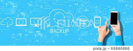 Backup concept with person using a smartphone Backup concept with person using a smartphone 69880866
