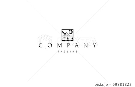 Vector logo on which an abstract image of a mountain landscape with meadows in a square. 69881822