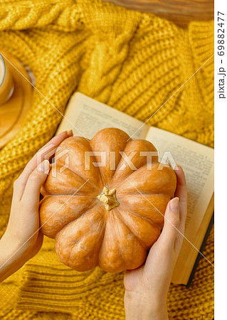 Round ripe pumpkin in woman's hands, open book and warm knitted sweater. Round ripe pumpkin in woman's hands, open book and warm knitted sweater. 69882477