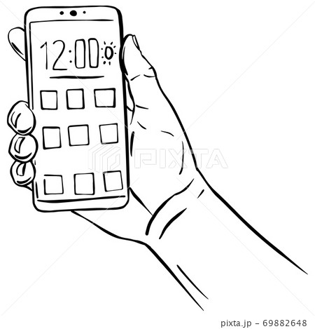 Hand holding smartphone black line sketch illustration Hand holding smartphone black line sketch illustration 69882648