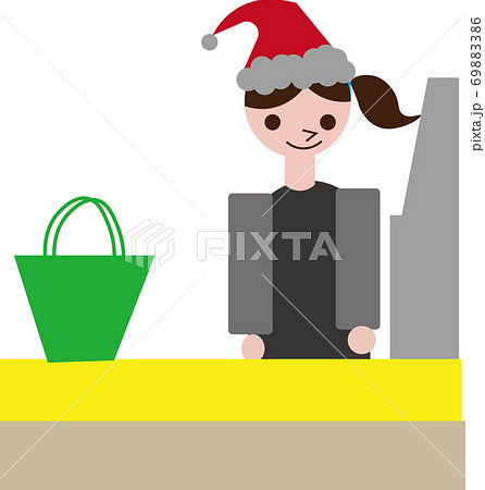 サンタの帽子をかぶったレジの店員の女性のイラスト素材 6986