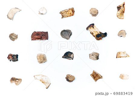 Pieces of dried mushrooms on a light background 69883419