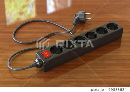 Black surge protector or spike suppressor on the wooden table, 3D rendering Black surge protector or spike suppressor on the wooden table, 3D rendering 69883624