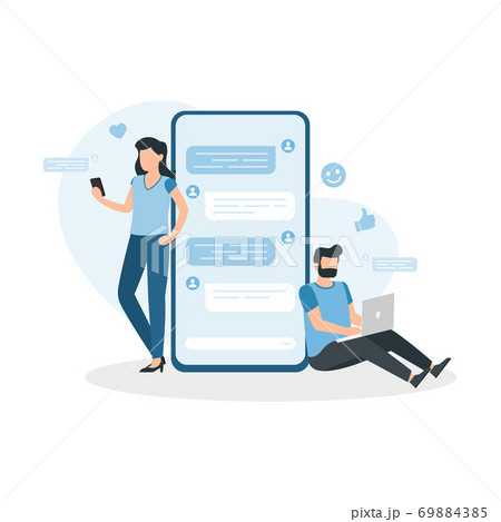 Man and womanchat in social networks send messages, using laptop and phone. 69884385