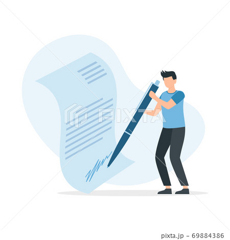 Man leaving signature on legal document with pen. Man leaving signature on legal document with pen. 69884386