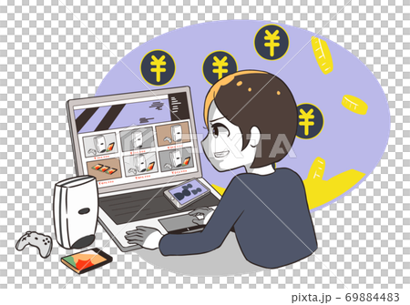 ゲーム機転売を企てる女性　背景付き 69884483