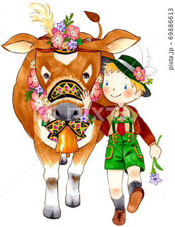年賀状 ヨーロッパ風の少年と牛のイラスト素材