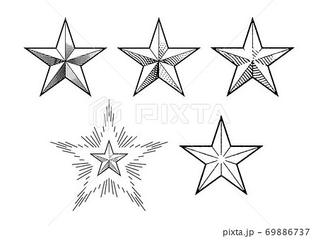 キラキラ光る星(5角形・五芒星・5-point star) 古ぼけたインクにじみのある印刷物風の キラキラ光る星(5角形・五芒星・5-point star) 古ぼけたインクにじみのある印刷物風の 69886737