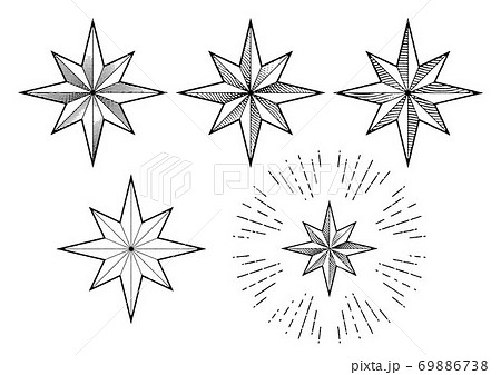 キラキラ光る星 8角形 8 Point Star 古ぼけたインクにじみのある印刷物風ののイラスト素材