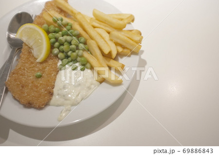 Fish and chips on a dish . Fish and chips on a dish . 69886843