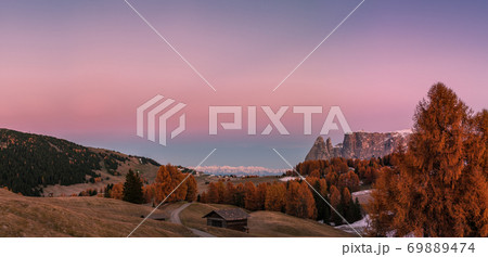 Panorama with beautiful autumn mountain on dawn 69889474