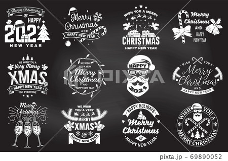 Set of Merry Christmas and Happy New Year stamp, sticker set with snowflakes, hanging christmas ball, santa hat, candy. Set of Merry Christmas and Happy New Year stamp, sticker set with snowflakes, hanging christmas ball, santa hat, candy. 69890052