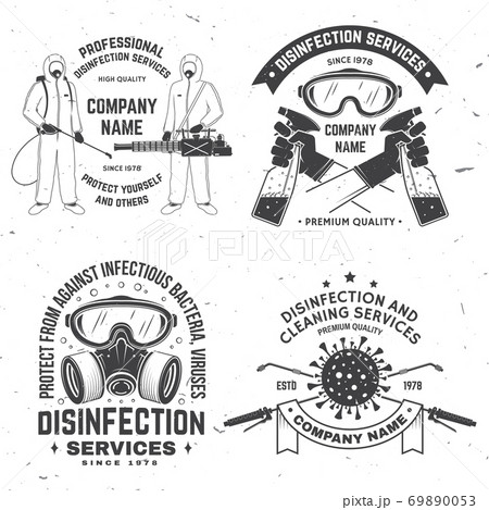 Disinfection and cleaning services badge, logo, emblem. Vector. For professional disinfection and cleaning company. Vintage typography design with disinfectant worker and sprayer 69890053