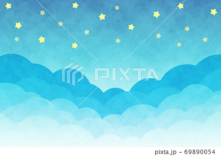雲の背景　長方形　青い空と星　水彩風 69890054