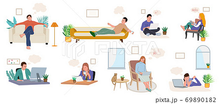 Collection of dreaming people isolated on white. Smiling thoughtful young men working and relax at home.  69890182