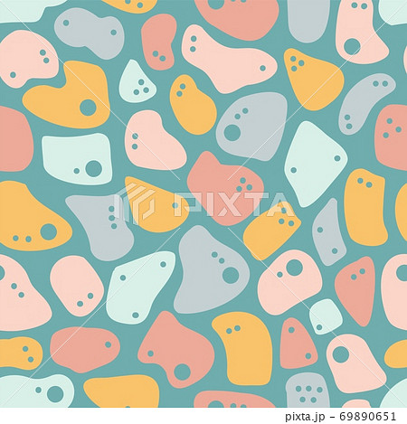 Vector seamless spotted pattern. Multicolour spots of various shapes on a white background. Many shapeless rounded shapes. Trend pattern. Leopard print. Doodle style. Stock illustration. For fabric 69890651