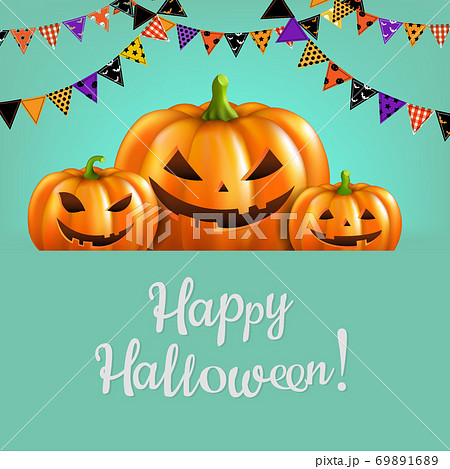 Three Pumpkins Isolated Blue Background Three Pumpkins Isolated Blue Background 69891689