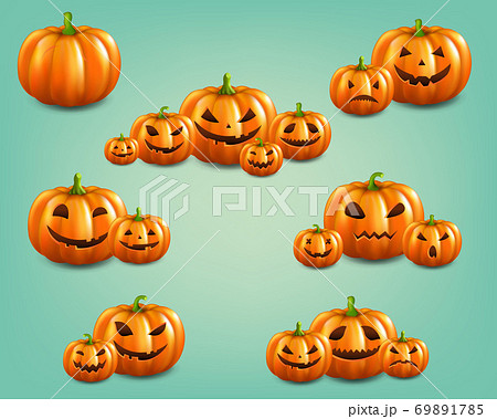 Orange Set Pumpkins Set Isolated Mint Background Orange Set Pumpkins Set Isolated Mint Background 69891785