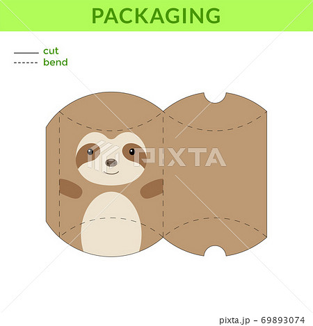 Adorable DIY party favor box for birthdays, baby showers with cute sloth for sweets, candies, small presents, bakery. Retail box blueprint template. Print, cutout, fold, glue. Vector illustration 69893074