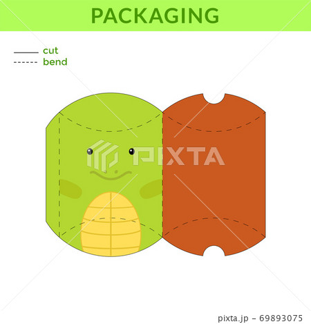 Adorable DIY party favor box for birthdays, baby showers with turtle for sweets, candies, small presents, bakery. Retail box blueprint template. Print, cutout, fold, glue. Vector stock illustration 69893075