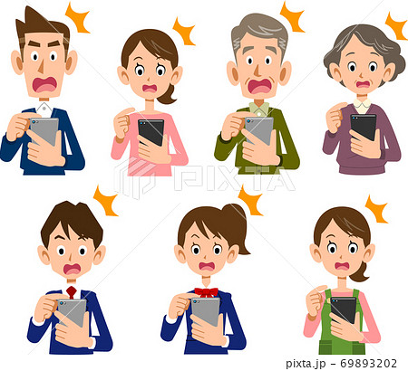 驚いた顔でスマートフォンを操作する家族のイラストセットのイラスト素材 6932