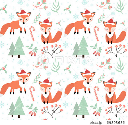 Cute foxes in the winter forest seamless pattern. little fox in a hat of Santa Claus, snowflakes and a Christmas tree endless texture. Merry christmas background. Vector Cute foxes in the winter forest seamless pattern. little fox in a hat of Santa Claus, snowflakes and a Christmas tree endless texture. Merry christmas background. Vector 69893686