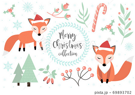 Cute Fox In The Winter Forest Set Of Objects のイラスト素材