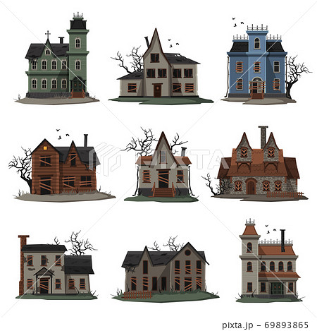 Scary Abandoned Houses Collection, Halloween Haunted Mansions with Boarded Up Windows, Creepy Trees and Birds Flying Around Vector Illustration 69893865