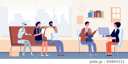 Job interview queue. People and robot sitting in waiting line in office. HR agency, recruitment and hiring concept. Robotization vector illustration Job interview queue. People and robot sitting in waiting line in office. HR agency, recruitment and hiring concept. Robotization vector illustration 69894231