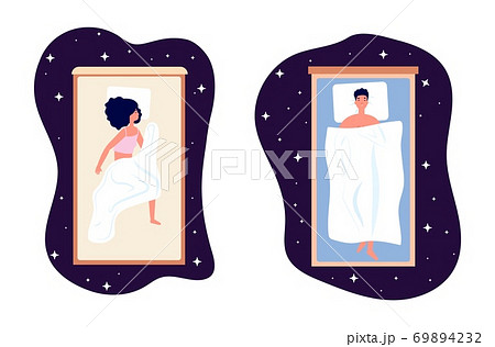 Healthy sleep. Woman man bedtime, girl on comfort bed illustration. People dreaming, sweet dreams in night starry sky vector illustration Healthy sleep. Woman man bedtime, girl on comfort bed illustration. People dreaming, sweet dreams in night starry sky vector illustration 69894232