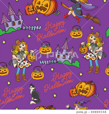 Purple seamless pattern with cartoon Halloween characters Purple seamless pattern with cartoon Halloween characters 69894548