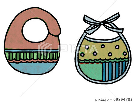 ハンドメイドの赤ちゃん用スタイの手描きイラスト(線あり・白バック) 69894783