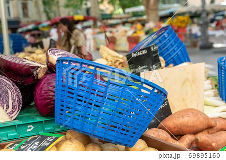 Market basket on stall of food street market at Provence Market basket on stall of food street market at Provence 69895160
