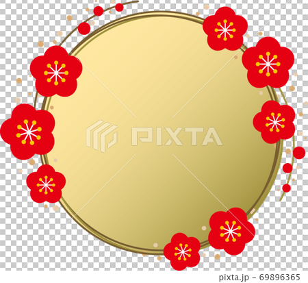 金色の皿の周囲に梅の花が配置された円形フレームのイラスト素材
